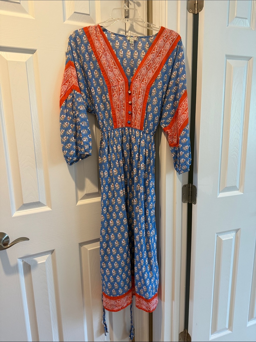 J. Crew Factory Blue Maxi Dress with Red Trim and Floral Motif
